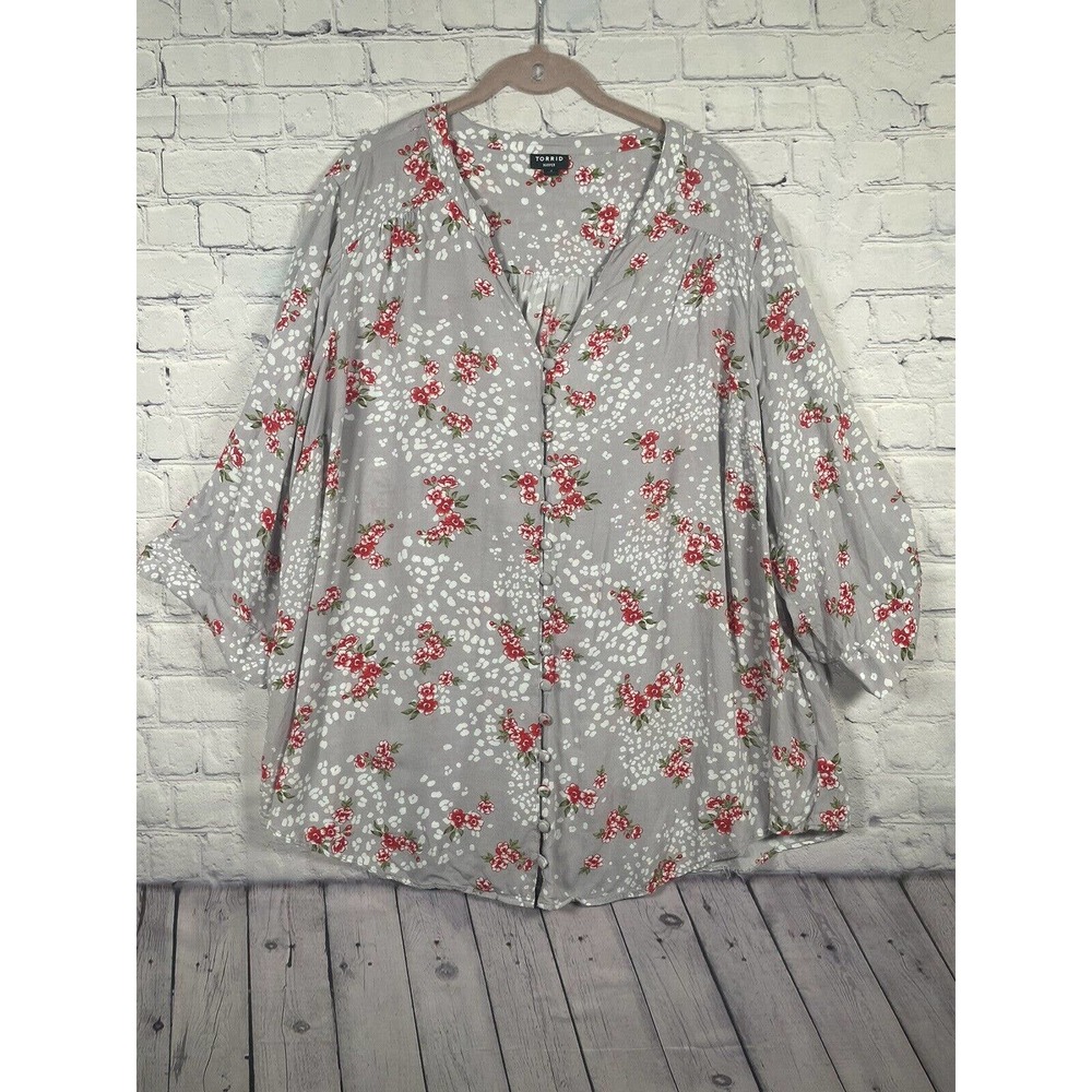 Torrid Tunic Top Womens 3X Blouse Purple Floral Convertible Sleeve Casual 3